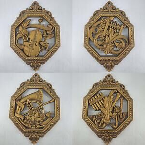 Vintage 4 MCM Mid Century gold Homco Syroco Musical Instruments Wall Decor